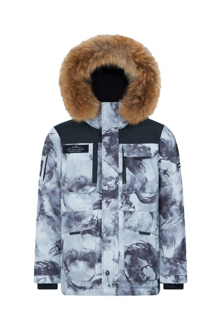 White and dark-gray abstract print winter down jacket with faux-fur hood