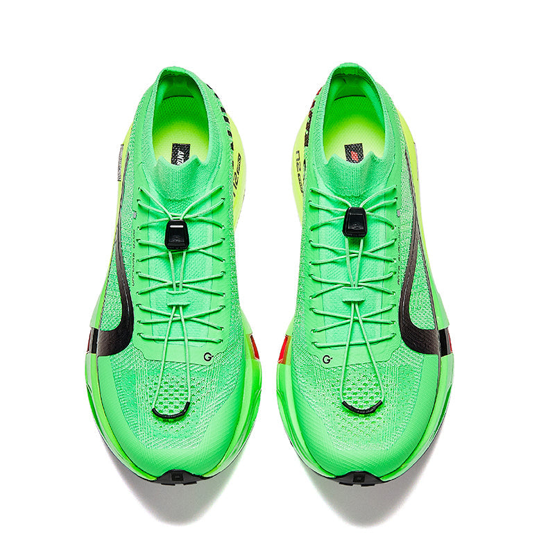 Pair of neon green running shoes, top view, with lace-up laces and adjustable strap