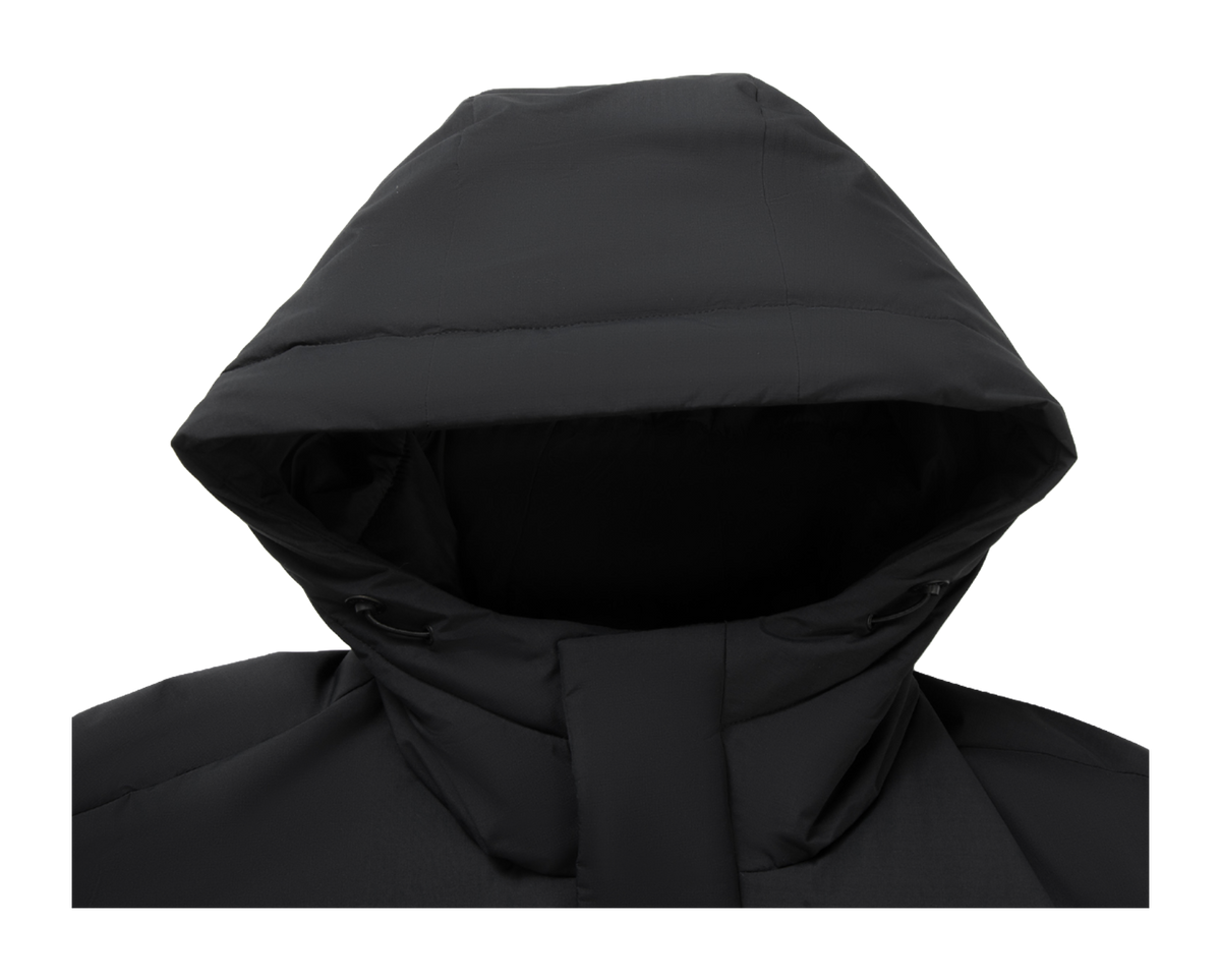 Black down jacket hood close-up with padded collar and layered design