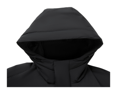 Black down jacket hood close-up with padded collar and layered design