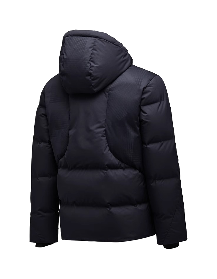 Men's hooded down jacket, dark navy quilted puffer with fixed hood and full-zip