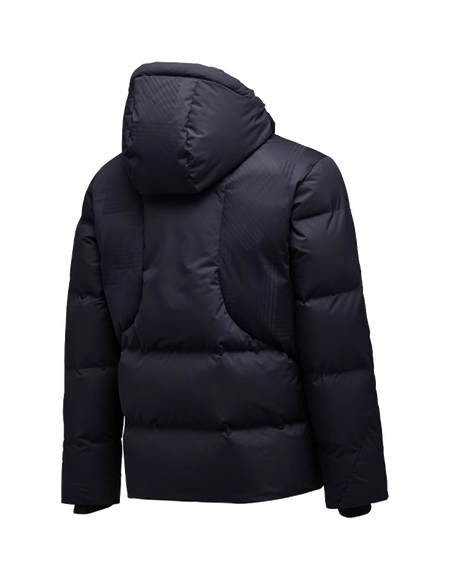 Men's hooded down jacket, dark navy quilted puffer with fixed hood and full-zip