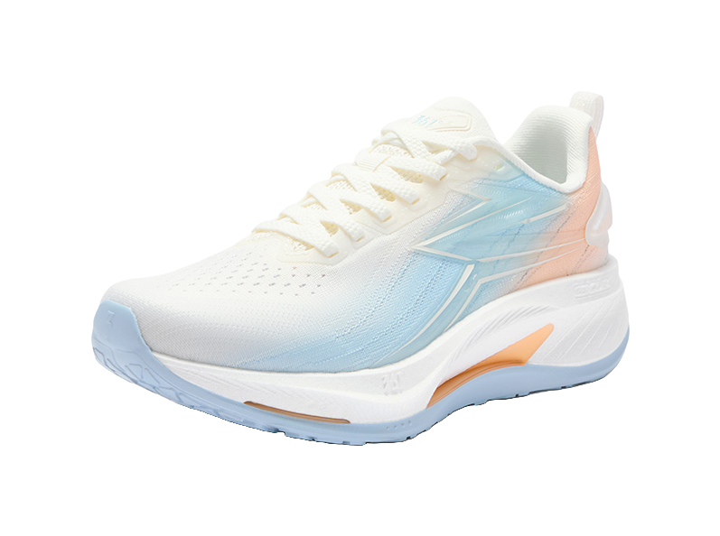 Women's low-top running shoes, white knit upper with blue panels, lace-up, orange trim