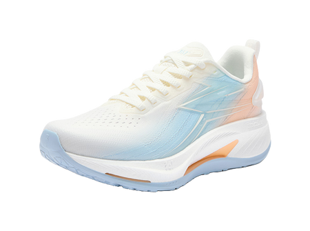 Women's low-top running shoes, white knit upper with blue panels, lace-up, orange trim