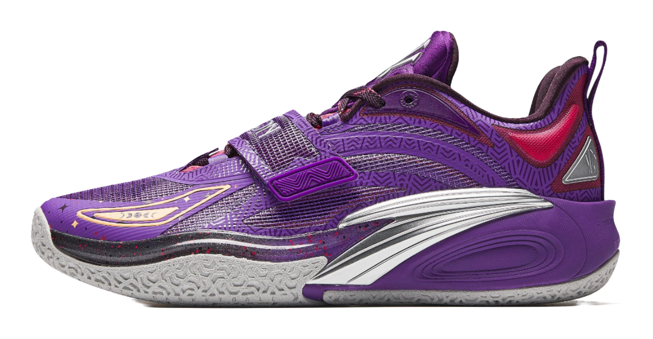 Purple basketball shoe with red trim, patterned upper, and white/gray rubber sole.