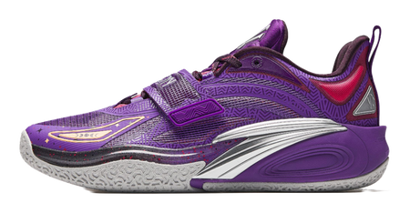 Purple basketball shoe with red trim, patterned upper, and white/gray rubber sole.