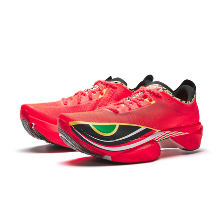 Neon red running shoes rear three-quarter view with black heel collar and trim