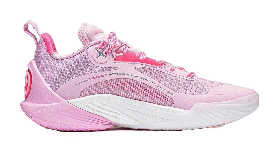 Pink unisex basketball shoe, side profile, lace-up mesh upper and rubber sole