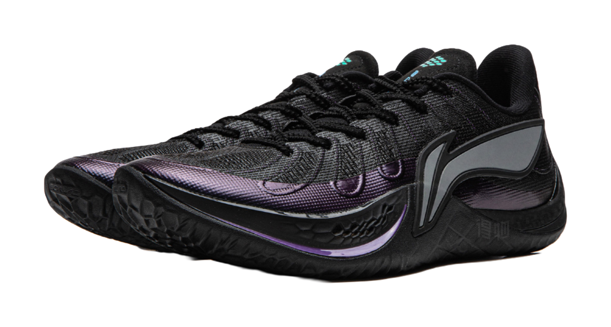Men's black basketball shoe front three-quarter view with teal and purple details
