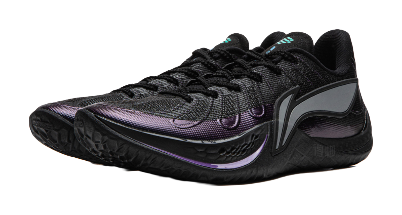 Men's black basketball shoe front three-quarter view with teal and purple details