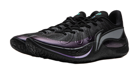 Men's black basketball shoe front three-quarter view with teal and purple details