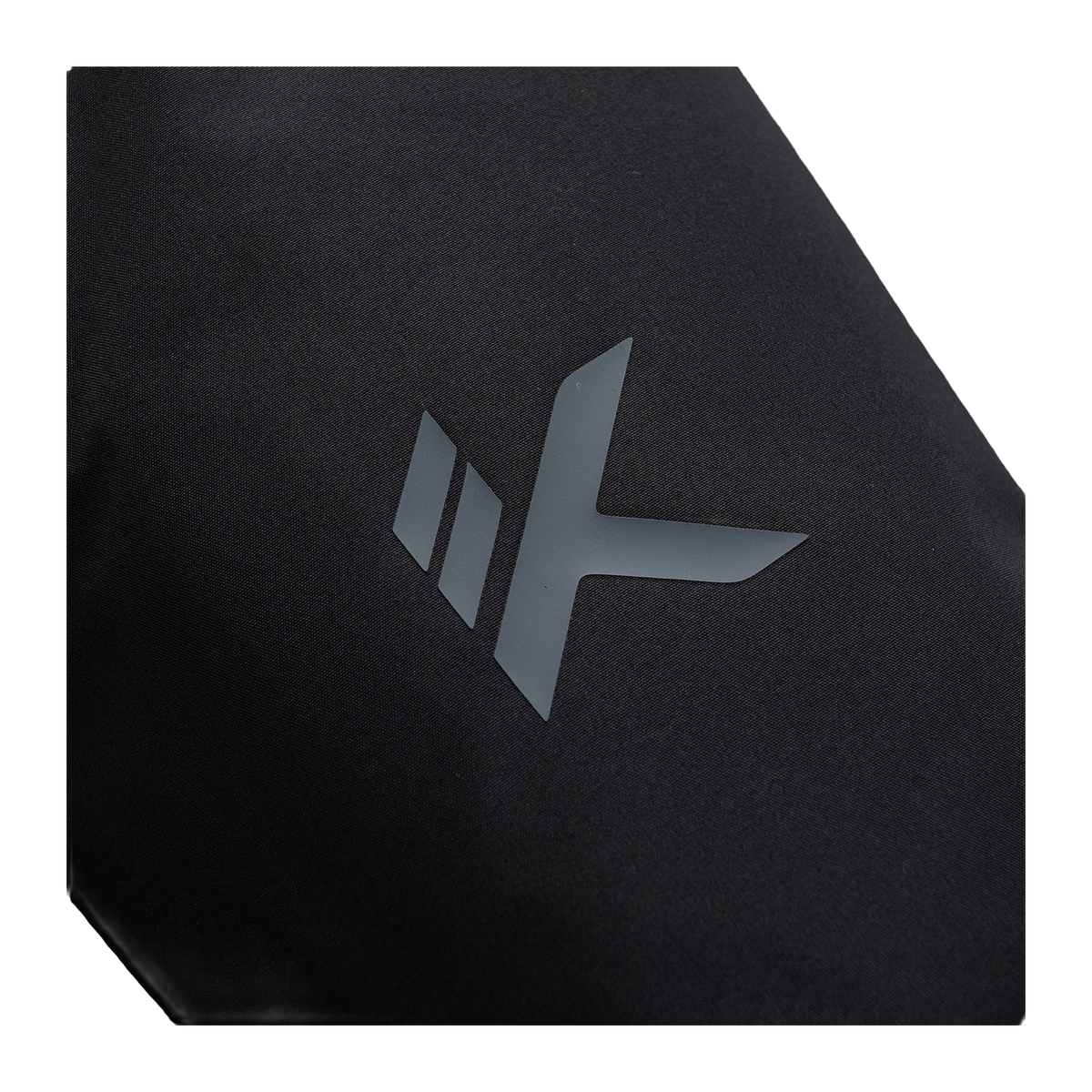 Black down jacket chest with large geometric logo patch