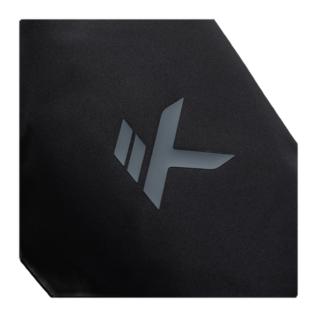 Black down jacket chest with large geometric logo patch