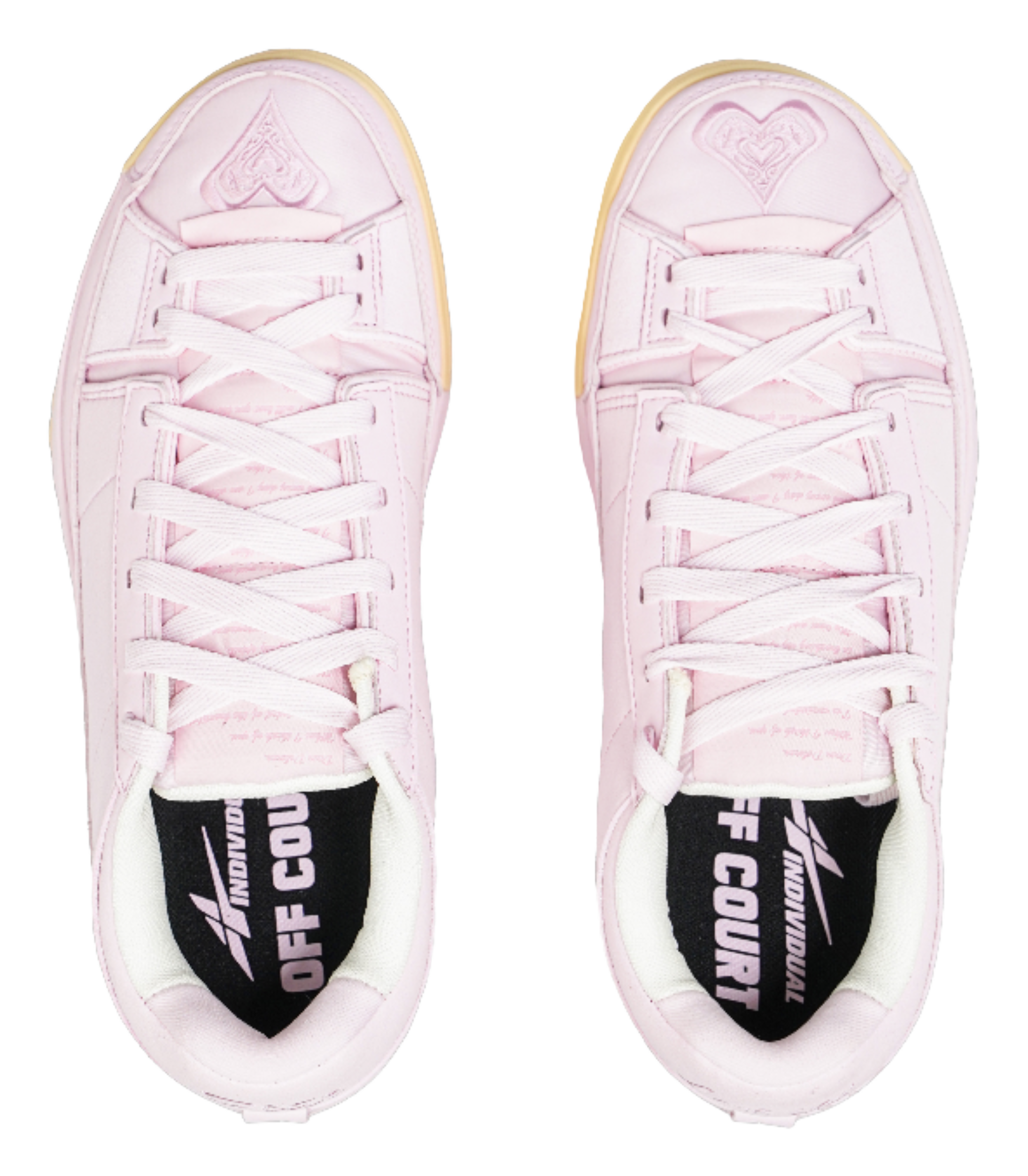 Pink low-top sneakers with white laces and black sockliner graphic at heel