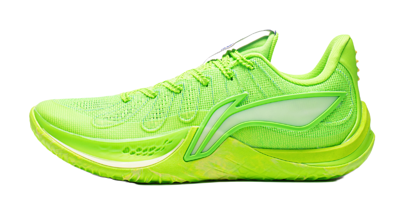 Green basketball shoe with lace-up front and side logo