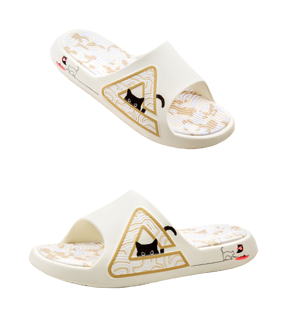 White slide sandal with cat logo on strap and textured patterned footbed
