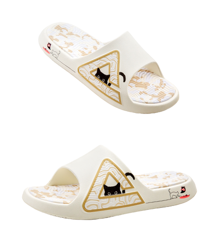 White slide sandal with cat logo on strap and textured patterned footbed
