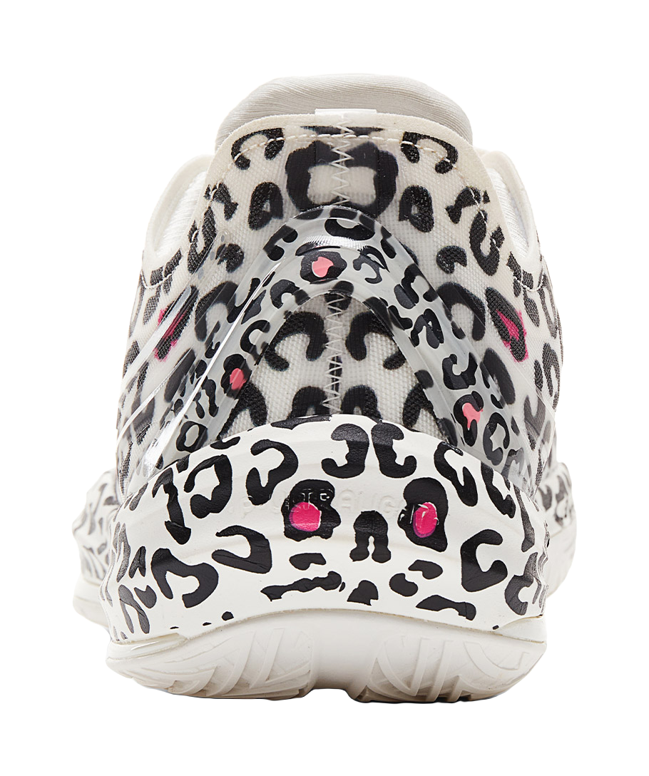 Lightweight basketball shoe, heel view in white with black leopard print and pink accents