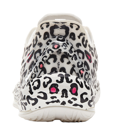 Lightweight basketball shoe, heel view in white with black leopard print and pink accents