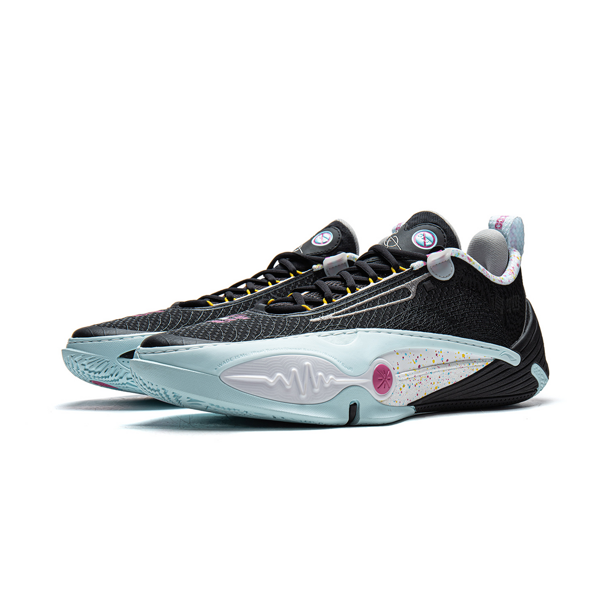 Black basketball shoe side profile with light blue midsole, speckled panel, lace-up.