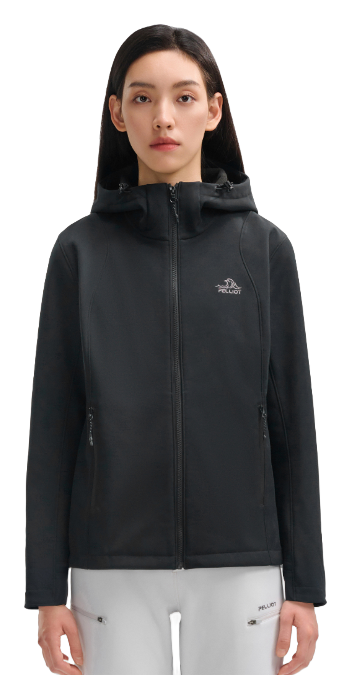 Women’s obsidian black soft shell jacket on model, full-zip hood, long sleeves, front pockets