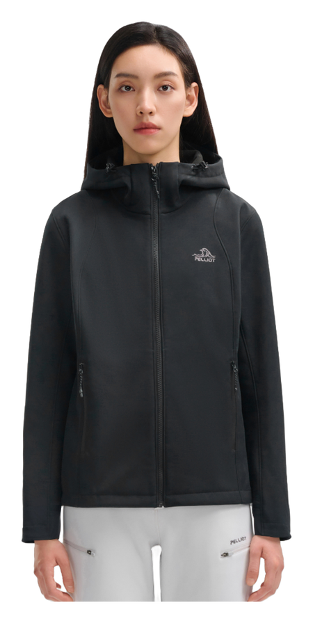 Women’s obsidian black soft shell jacket on model, full-zip hood, long sleeves, front pockets