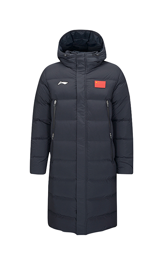 Black long hooded down puffer coat with front zipper, side pockets, and logo