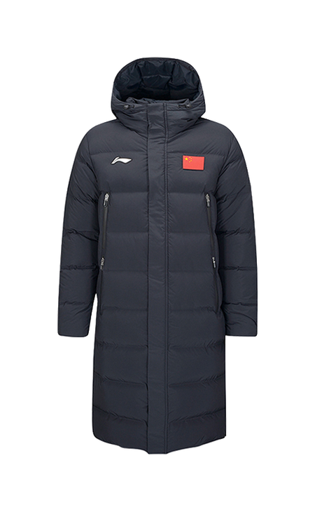 Black long hooded down puffer coat with front zipper, side pockets, and logo