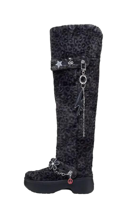 Crocs Classic Leopard Print Knee high Boots Womens Black  vjsneaker.com