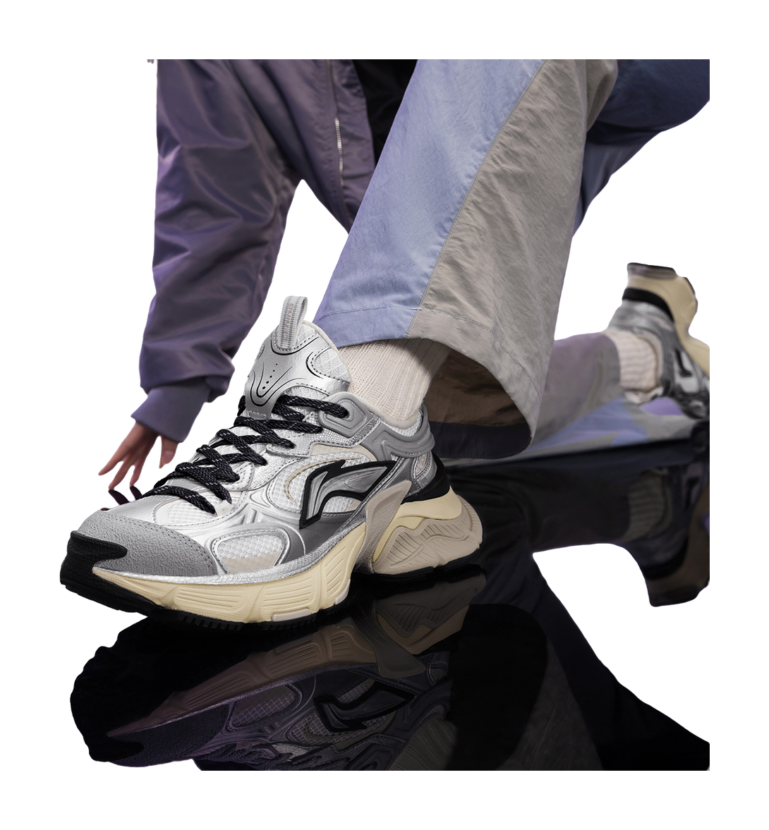 LiNing Star Shock Absorbers Slip Resistant Abrasion Resistant Breathable Low top Chunky Sneakers Women's Silver White 