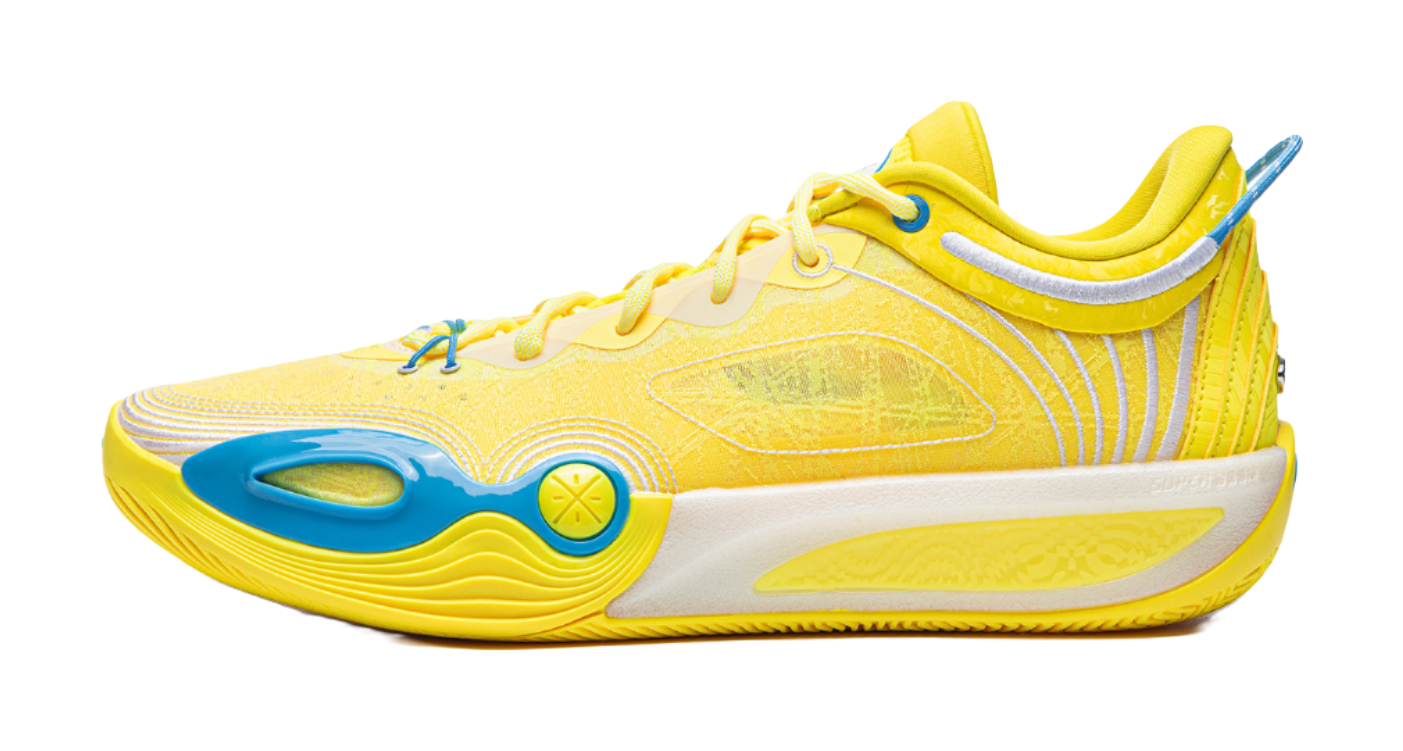 Li Ning low-top basketball shoe in yellow with blue accents, lace-up.