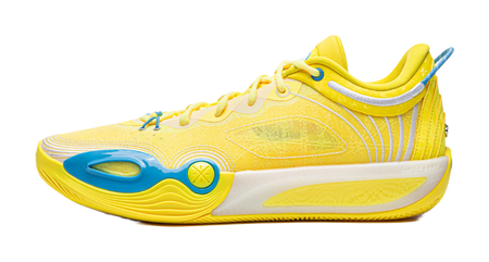 Li Ning low-top basketball shoe in yellow with blue accents, lace-up.