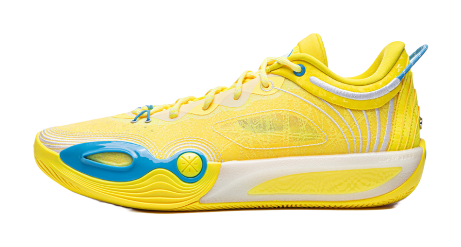 Li Ning low-top basketball shoe in yellow with blue accents, lace-up.