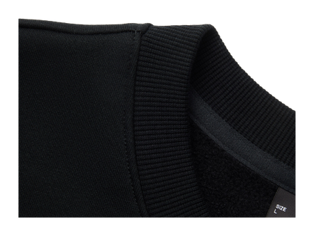 Black fleece-lined crewneck pullover cuff and ribbed hem detail