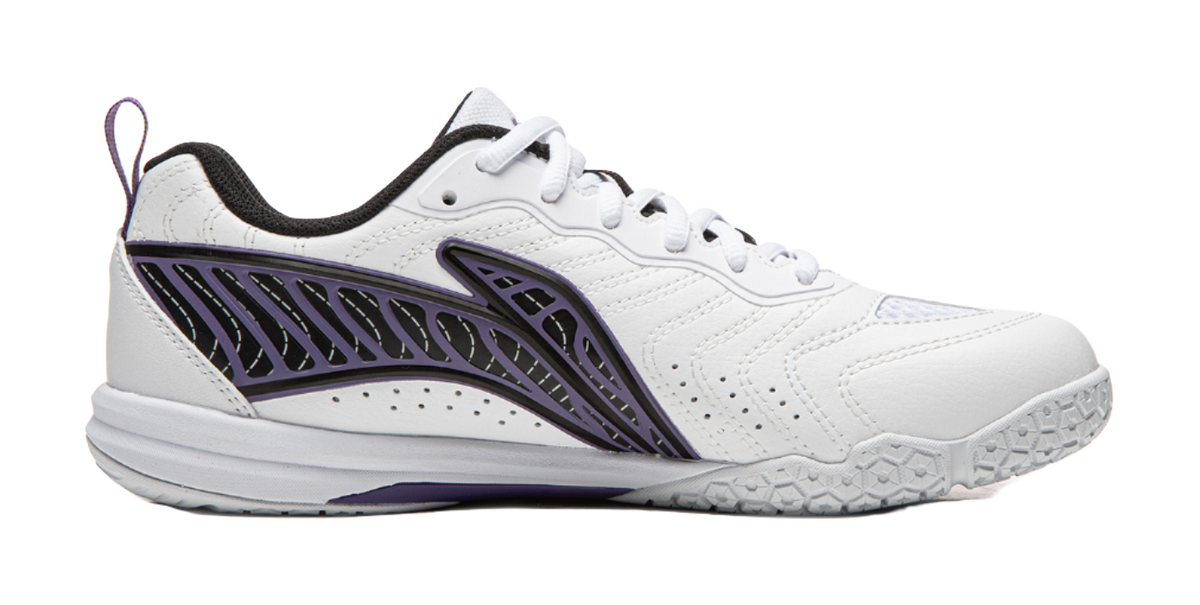 White table tennis shoe with purple side cage design and lace-up front