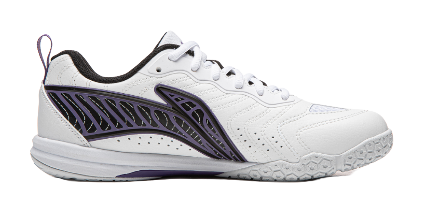 White table tennis shoe with purple side cage design and lace-up front
