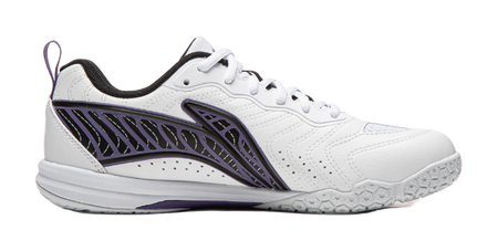 White table tennis shoe with purple side cage design and lace-up front