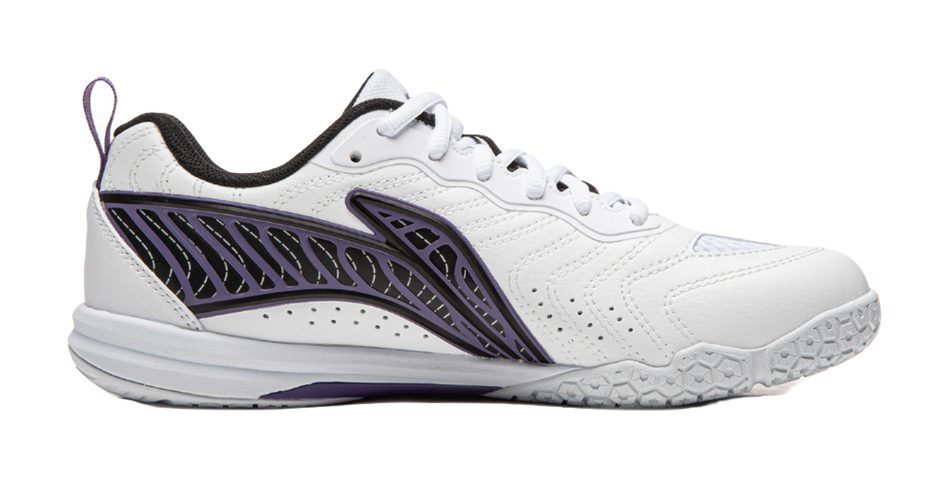 White table tennis shoe with purple side cage design and lace-up front