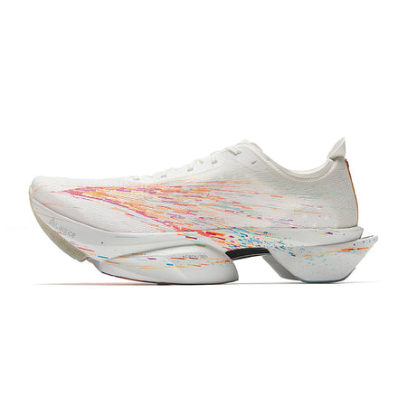 White lace-up marathon racing shoe with multicolor speckled graphic and thick foam sole