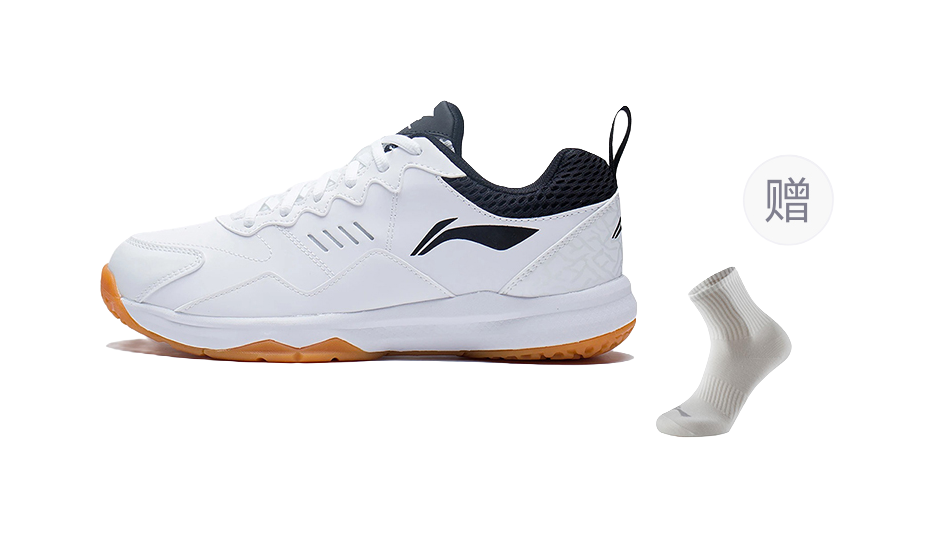 Li Ning low-top badminton shoes in white with dark navy collar, plus matching white socks