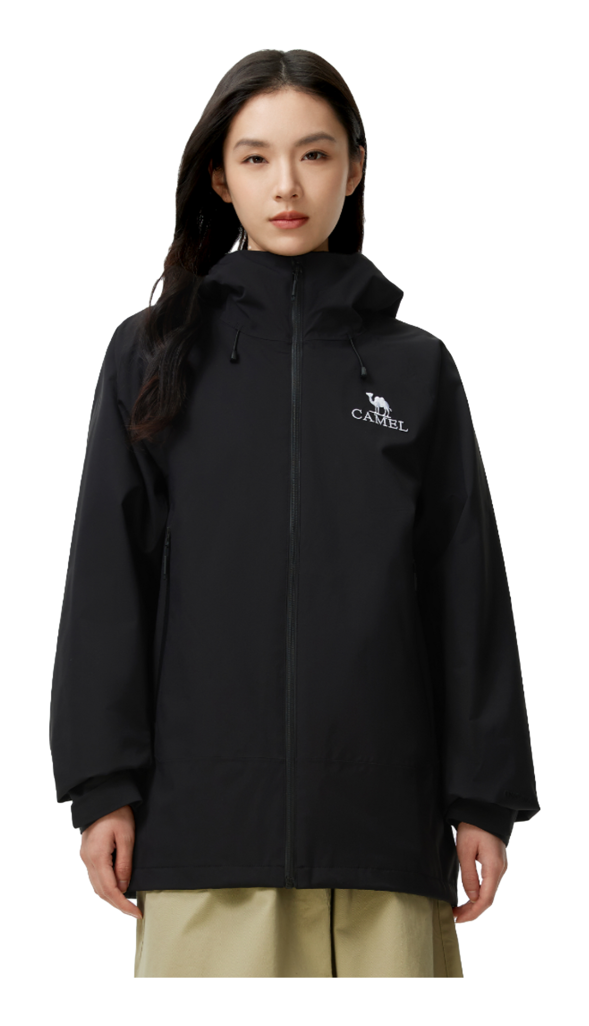 Black unisex windbreaker jacket with hood and full front zip, CAMEL logo