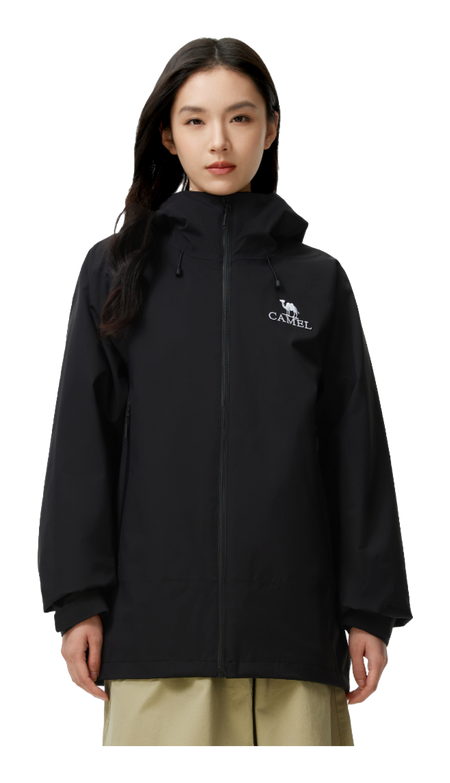 Black unisex windbreaker jacket with hood and full front zip, CAMEL logo
