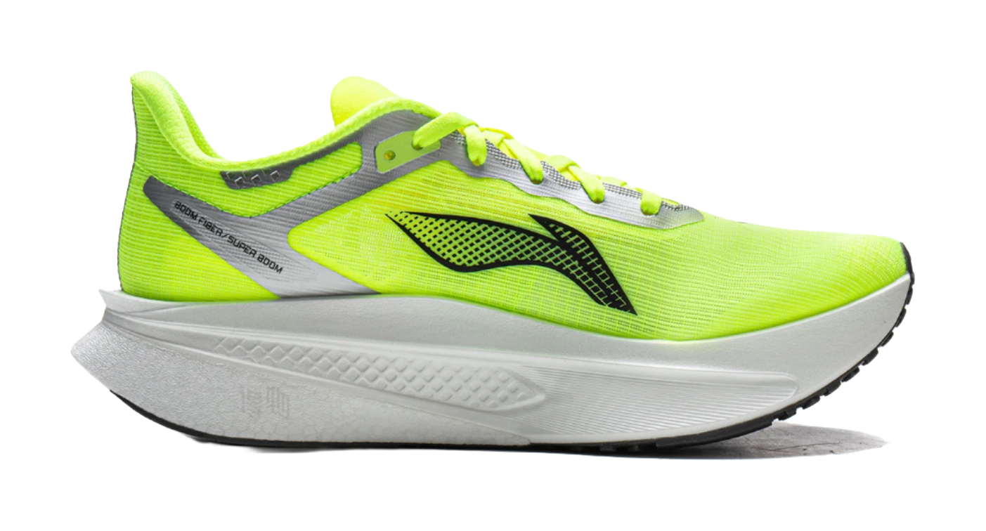 Fluorescent bright green running shoe with perforated upper, gray midsole, black branding