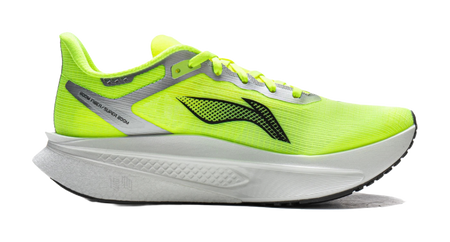 Fluorescent bright green running shoe with perforated upper, gray midsole, black branding