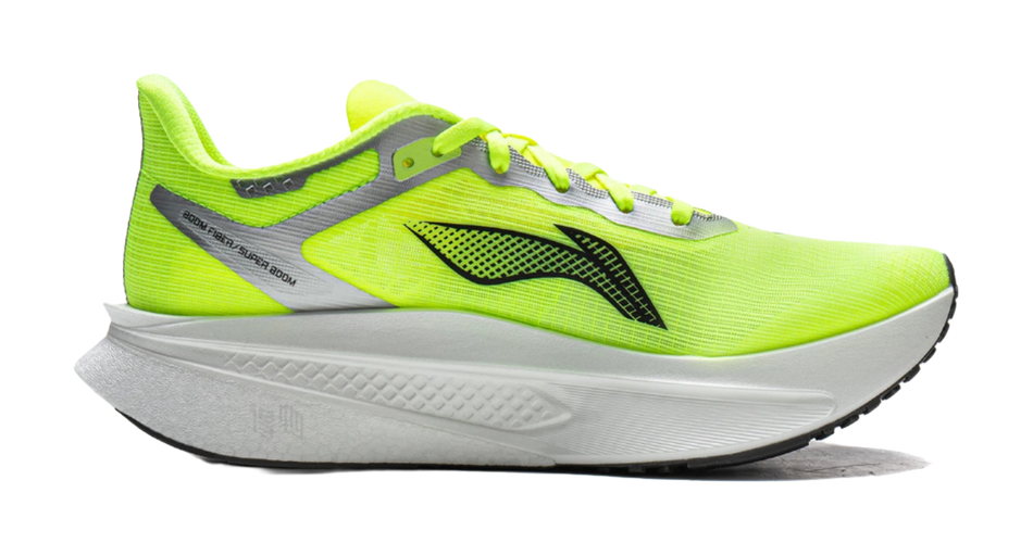 Fluorescent bright green running shoe with perforated upper, gray midsole, black branding