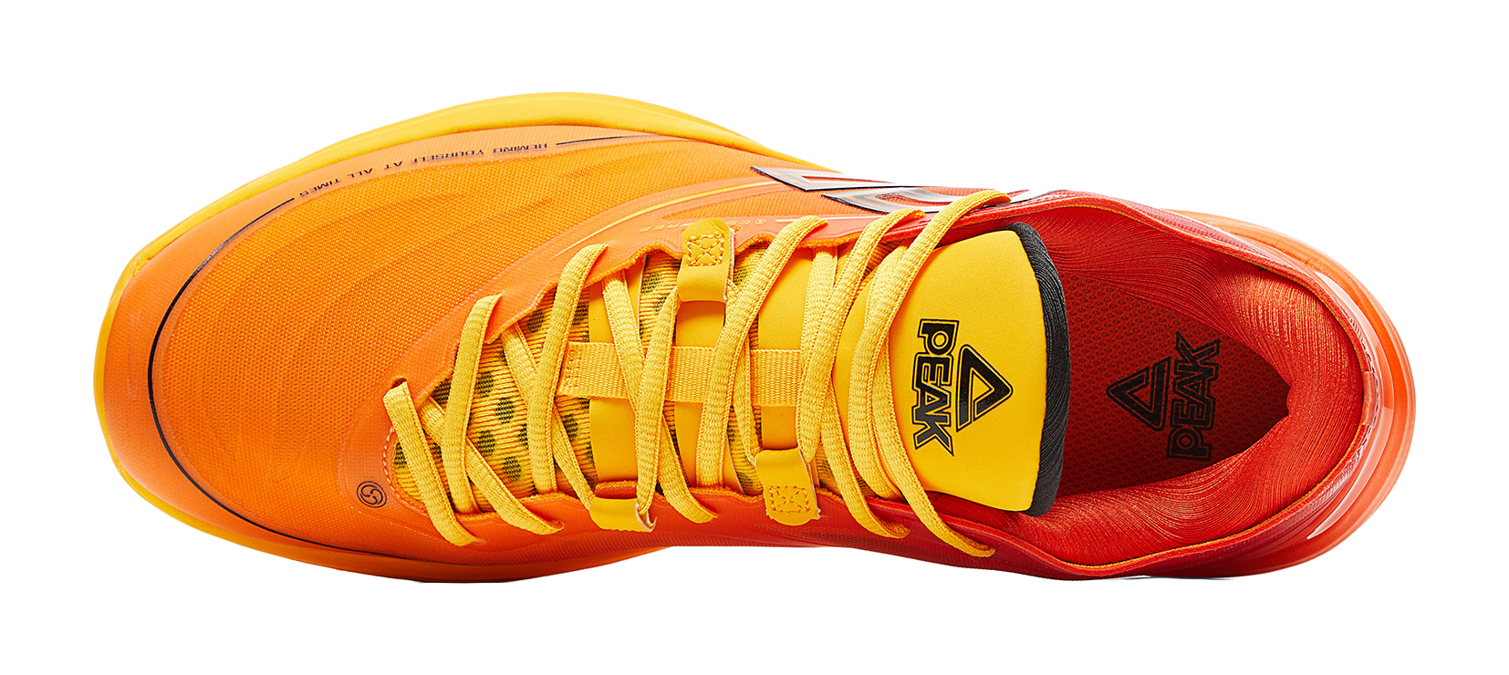 Basketball shoe with orange upper, yellow laces, and black triangular heel logo
