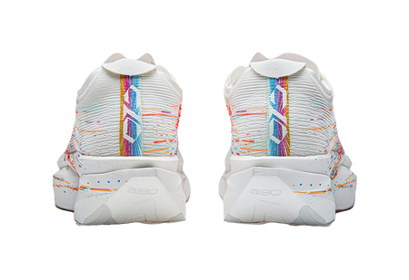 White running shoes with multicolor striping on heel and cushioned back support.