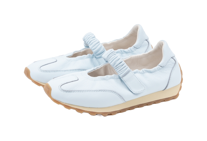Light sky blue Mary Jane sneaker, side view, elastic ankle strap and round toe