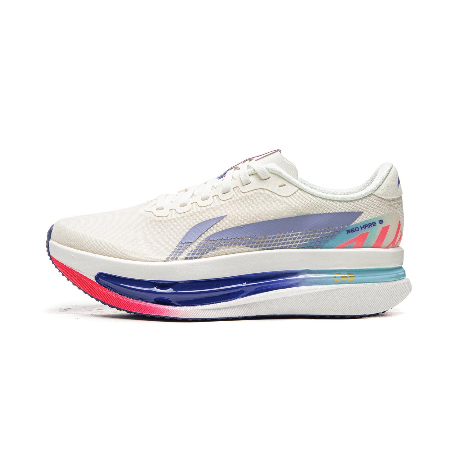 Women’s running shoes in champagne white with blue/pink trim and cushioned midsole