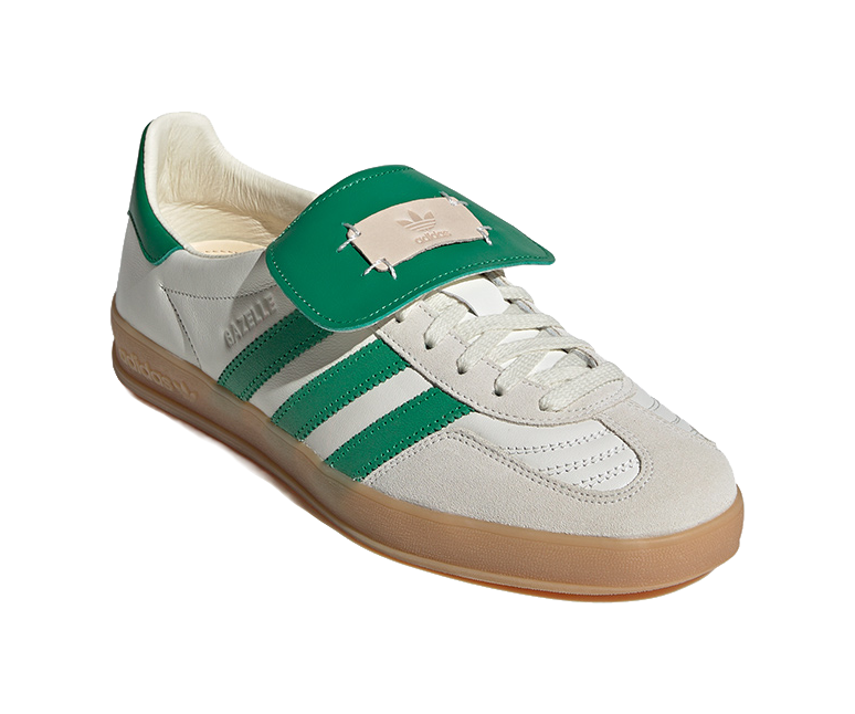Low-top Gazelle skate shoes with white upper, green ankle strap, lace-up, gum sole